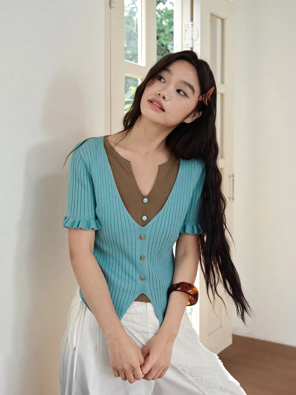 Women’s Ribbed V-Neck Button Cardigan - Teal and Brown